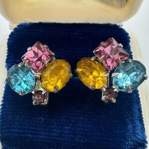 Vintage silver tone multicolor Czech glass rhinestones screw back earrings